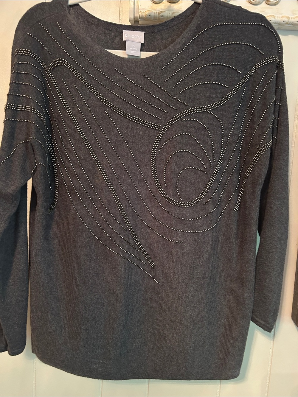 Chico's Dark Charcoal Gray Embellished Long-Sleeve Sweatshirt